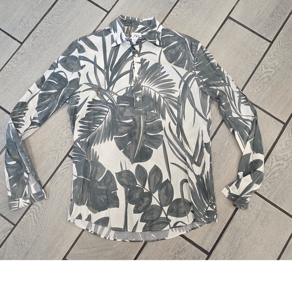 Zara Man Tropical Leaf Print Popover Shirt White Grey Floral Long Sleeve Small